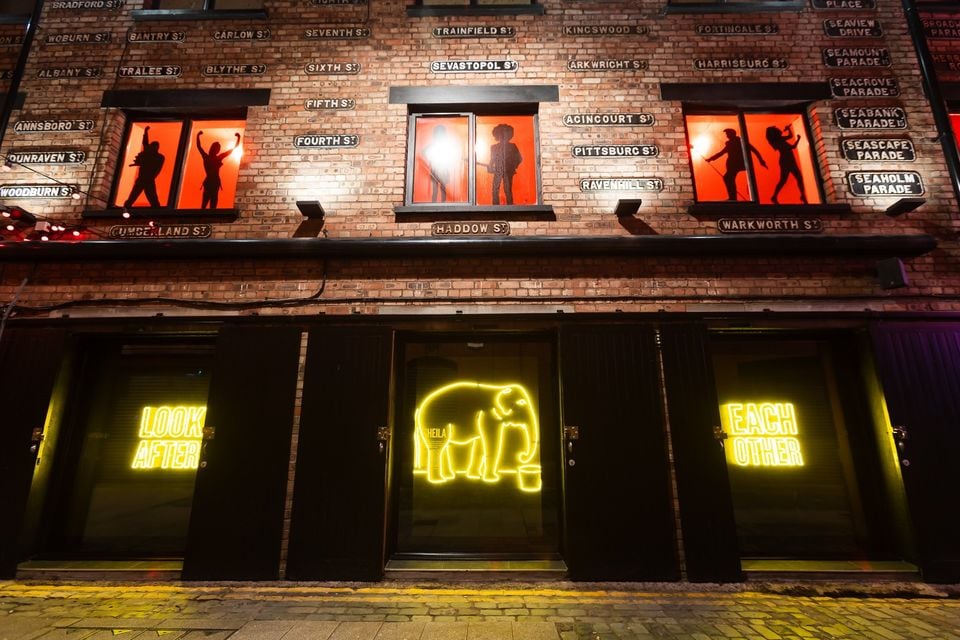 Neon artwork of Sheila the elephant illuminating Commercial Court in the Cathedral Quarter