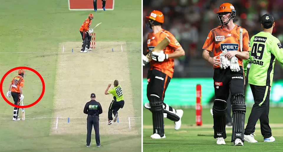 Ashton Turner, pictured here stranded at the non-striker's end on 99 not out.