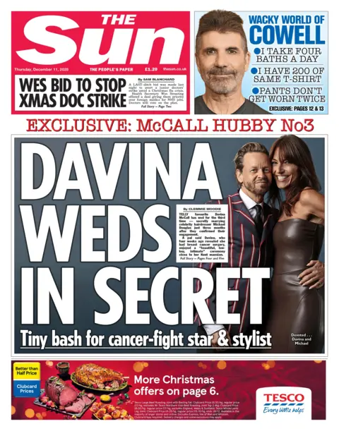 The headline on the front page of the Sun reads: “Davina weds in secret.