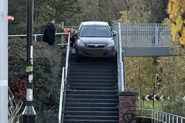 The car was seen stopped at the top of a staircase in Sheffield