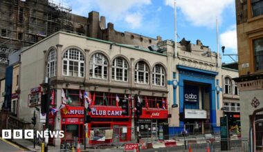 A view from across the street of the O2 ABC music venue and Campus nightclub, shortly after both were damaged by fire at the nearly Art School building.