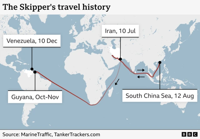 A map showing The Skipper's travel history