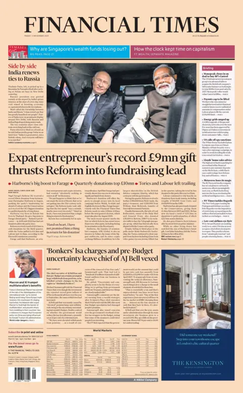 "Expat entrepreneur's record £9mn gift thrusts Reform into fundraising lead" reads the headline on the front page of the Financial Times.