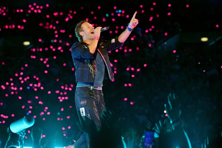 Chris Martin of Coldplay photographed performing on August 22, 2025 in London, England. 
