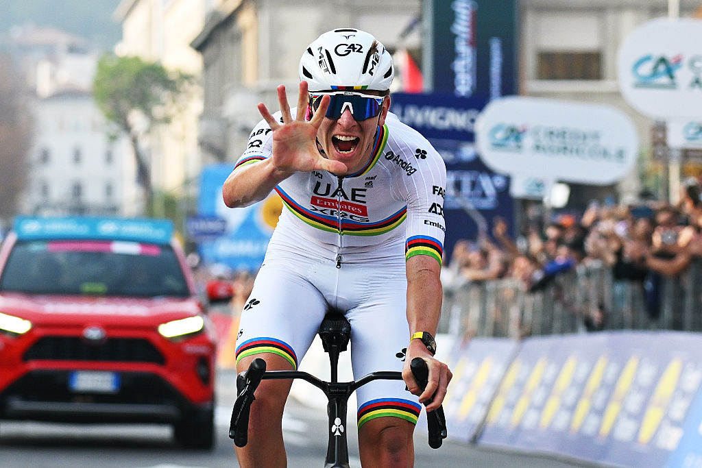 Tadej Pogačar celebrates his fifth Lombardia win in a row