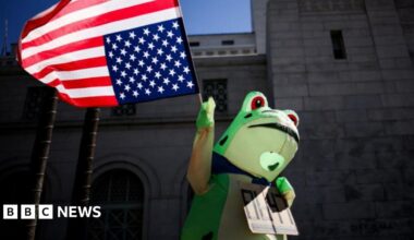 A man in a frog suit faces off with a group of law enforcement in Portland