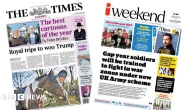 The headline on the front page of the Times reads: "Royal trips to woo Trump".