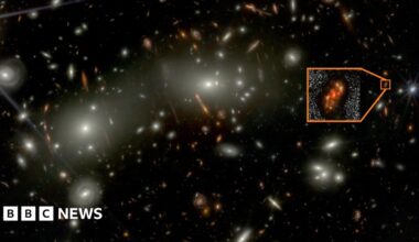 Alaknanda is located near the right centre of the image (see zoomed image in inset). The central portion of the image is dominated by bright galaxies of the Abell 2744 cluster. The cluster acts as a gravitational lens and magnifies (and in some cases, distorts) galaxies lying in the background. Alaknanda is magnified by a factor approximately two, making this faint galaxy easier to detect.