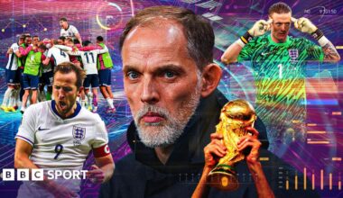A composition graphic of England manager Thomas Tuchel, captain Harry Kane, goalkeeper Jordan Pickford, the World Cup trophy, and data flashes