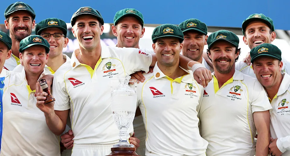 Mitch Marsh, pictured here with Test teammates after Australia retained the Ashes in 2023. 