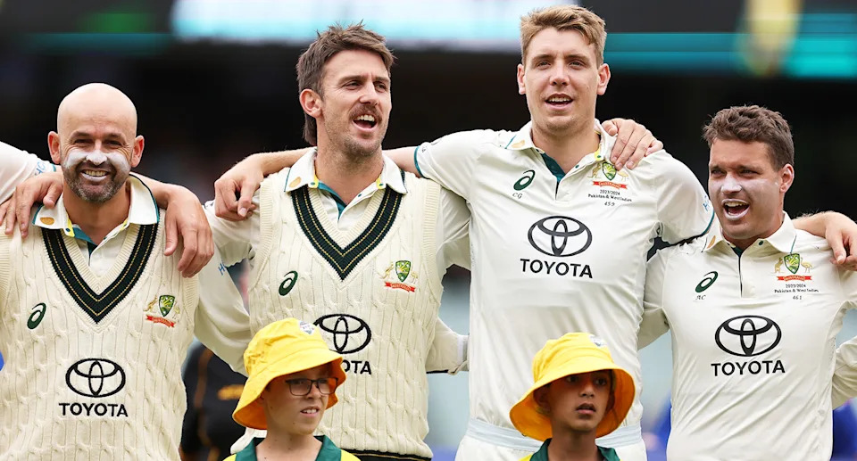 Nathan Lyon, Mitch Marsh, Cameron Green and Alex Carey, pictured here before a Test match against West Indies in 2024.