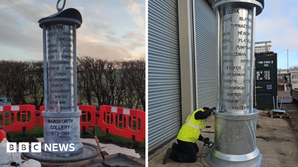 On the left is a picture of the mining lamp being installed in Ferryhill with protective orange fencing around it. On the right the lamp is receiving the final touches before being transported to Ferryhill. There is a man in a high-vis vest and black trousers who is on his knees beside the lamp.