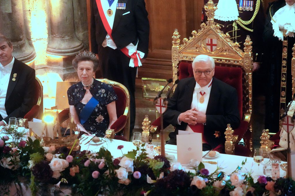 LONDON, ENGLAND - DECEMBER 4: (left to right) Princess Anne, Princess Royal and the President of the Federal Republic of Germany Frank-Walter Steinmeier during a banquet at the Guildhall on day two of his state visit to the UK on December 4, 2025 in London, England.  The President of the Federal Republic of Germany, accompanied by Ms. Elke BÃ¼denbender, are paying a State Visit to the United Kingdom as the guests of Their Majesties The King and Queen. The visit is the first from Germany in 27 years and will be marked with ceremonial visits, an address to the UK parliament and a banquet. (Photo by Jeff Moore - Pool/Getty Images)