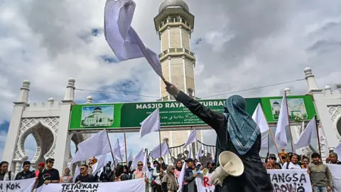 AFP via Getty Images Activists protest with white flags in front of a mosque in Banda Aceh to demand that the Indonesian government opens the door to foreign aid