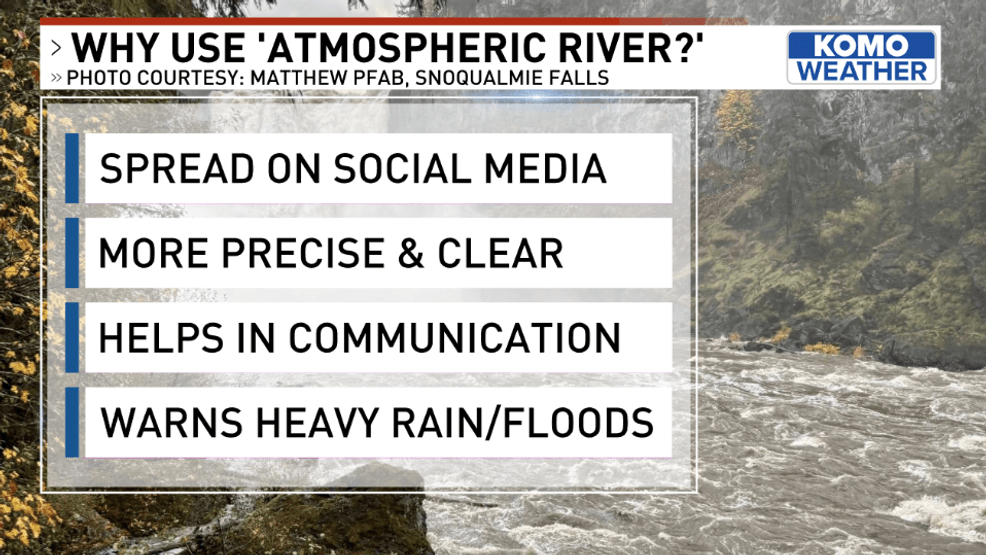 Scientific terms like "atmospheric river" have taken off in recent years due to social media. However, they are helpful in clearly and accurately communicating the strength and intensity of a storm, and the heavy flooding and rain that is often the result of their arrival. Photo courtesy the KOMO Forecast Team.{ }