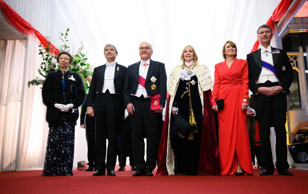 04 December 2025, Great Britain, London: German President Frank-Walter Steinmeier (3rd from left) and his wife Elke BÃ¼denbender (2nd from right) are greeted by Princess Anne (l) and Sir Tim Laurence (r), as well as Susan Langley (3rd from right) and Gary Langley (2nd from left) at a dinner in honor of the German President and his wife, given by the Lord Mayor of London Susan Langley at the Guildhall. Susan Langley is the 697th Lord Mayor of the City of London, the third woman to hold the office and the first to hold the title of Lady Mayor. President Steinmeier and his wife are on a three-day state visit to the United Kingdom of Great Britain and Northern Ireland. Photo: Bernd von Jutrczenka/dpa (Photo by Bernd von Jutrczenka/picture alliance via Getty Images)
