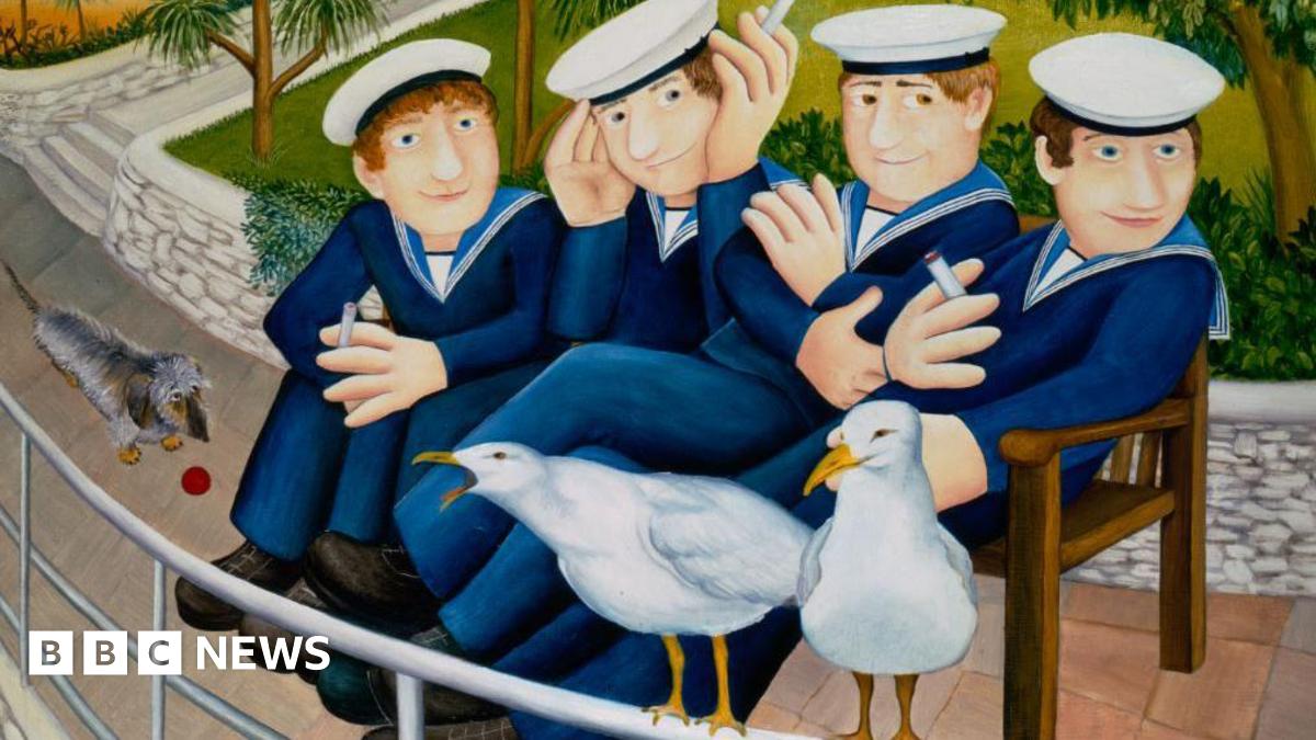 Four men dressed in blue sailor suits and hats are siting smoking on a bench in a park. Two seagulls are  perched on a rail in front of them and one has its beak open and appears to be squawking.