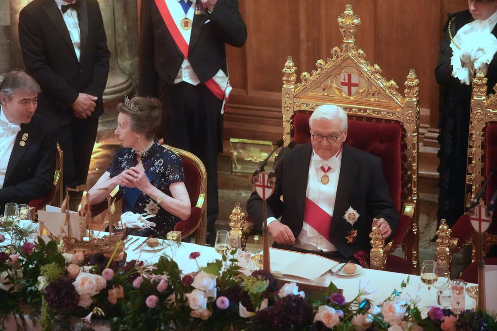 LONDON, ENGLAND - DECEMBER 4: Princess Anne, Princess Royal and the President of the Federal Republic of Germany Frank-Walter Steinmeier (R) during a banquet at the Guildhall on day two of his state visit to the UK on December 4, 2025 in London, England.  The President of the Federal Republic of Germany, accompanied by Ms. Elke BÃ¼denbender, are paying a State Visit to the United Kingdom as the guests of Their Majesties The King and Queen. The visit is the first from Germany in 27 years and will be marked with ceremonial visits, an address to the UK parliament and a banquet. (Photo by Jeff Moore - Pool/Getty Images)