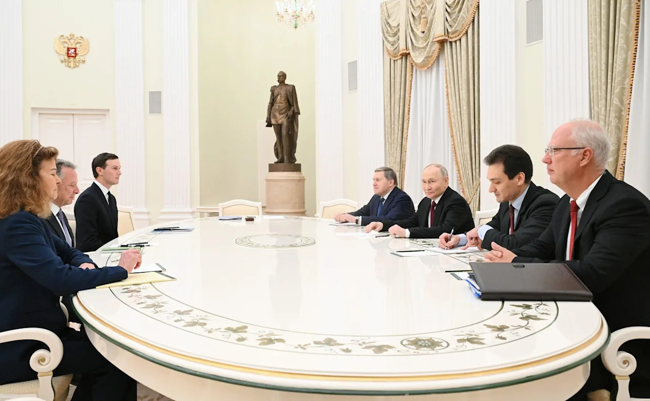 MOSCOW, RUSSIA - DECEMBER 2: (----EDITORIAL USE ONLY MANDATORY CREDIT - '/KREMLIN PRESS OFFICE / HANDOUT - NO MARKETING NO ADVERTISING CAMPAIGNS - DISTRIBUTED AS A SERVICE TO CLIENTS, DO NOT OBSCURE LOGO----) Russian President Vladimir Putin begin a meeting with US special envoy Steve Witkoff and US President Donald Trump's son-in-law Jared Kushner at the Kremlin, aimed at finding a solution to end the Ukraine war, in Moscow, Russia on December 2, 2025. (Photo by Kremlin Press Office/Anadolu via Getty Images)