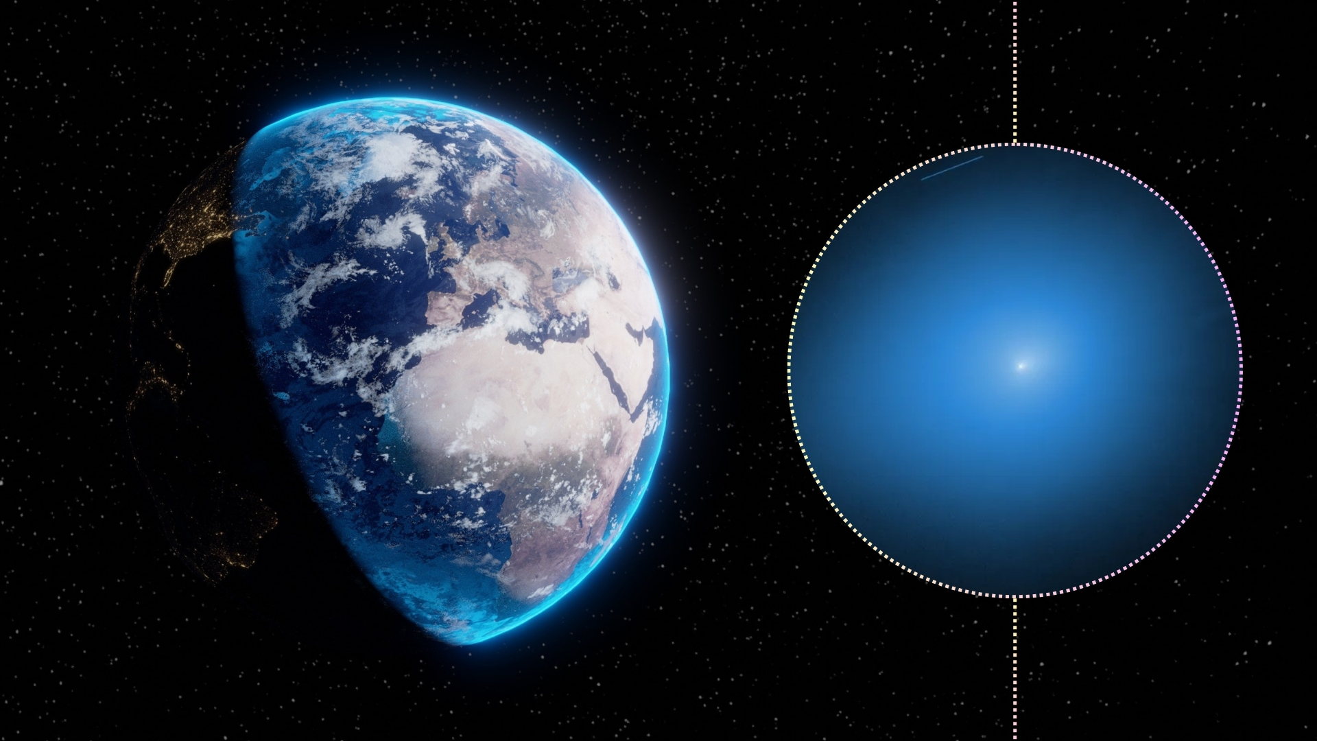 Interstellar comet 3I/ATLAS on the right glows white and surrounded by a blue haze. on the left is an image of Earth from space.