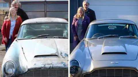 John Williams On the left is the before image: A rusted and battered Aston Martin DB5 stands on the drive of a house. John and Susan Williams are standing next to it smiling at the camera, Susan wears a red cardigan and a blue shirt and has long blonde hair, John has his arm on her shoulder and stands behind her. He has a black hoody on and grey hair. On the right is the after image: The refurbished Aston Martin DB5 stands on the drive of a house. John and Susan Williams are standing next to it smiling at the camera. Again Susan is in front of John, this time with a purple coat on and a black and white striped dress. John is behind in a black jacket.