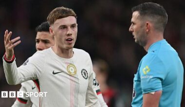 Cole Palmer complaining to the referee during a match against Bournemouth