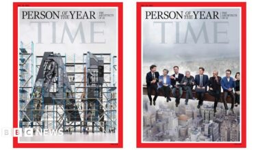 A green promotional banner with black squares and rectangles forming pixels, moving in from the right. The text says: “Tech Decoded: The world’s biggest tech news in your inbox every Monday.”