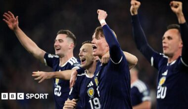 Scott McTominay leads Scotland's celebrations after qualifying for the World Cup