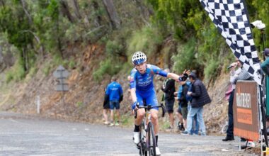 Talia Appleton comes over the line in first place on stage 1 with a margin of more than one minute to her nearest rivals