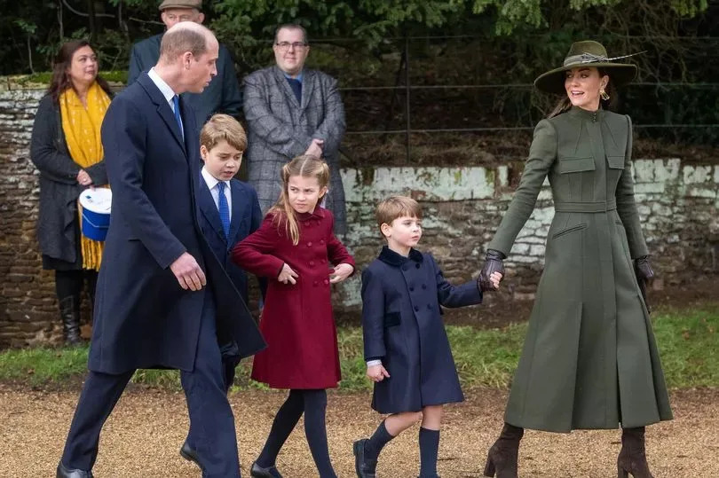 Prince William, Prince of Wales, Prince George, Princess Charlotte, Prince Louis and Catherine, Princess of Wales attend the Christmas Day service at Sandringham Church on December 25, 2022