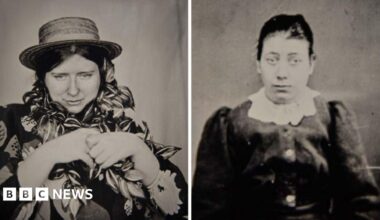 Two black and white photographs of woman with long black hair