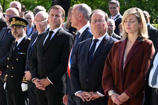 Former French president François Hollande, second from right, stands with his wife Julie Gayet at a memorial ceremony in Tulle, France, 10 June 2024.