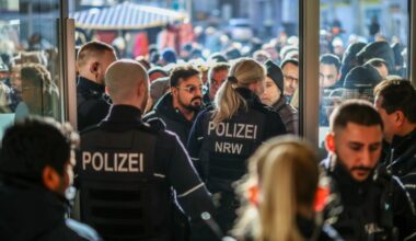 Police stand guard at the bank branch as concerned bank customers wait outside