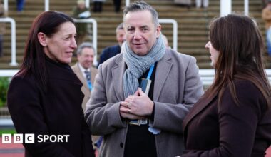Glengouly's trainer Faye Bramley with John and Amy Hunt at Cheltenham