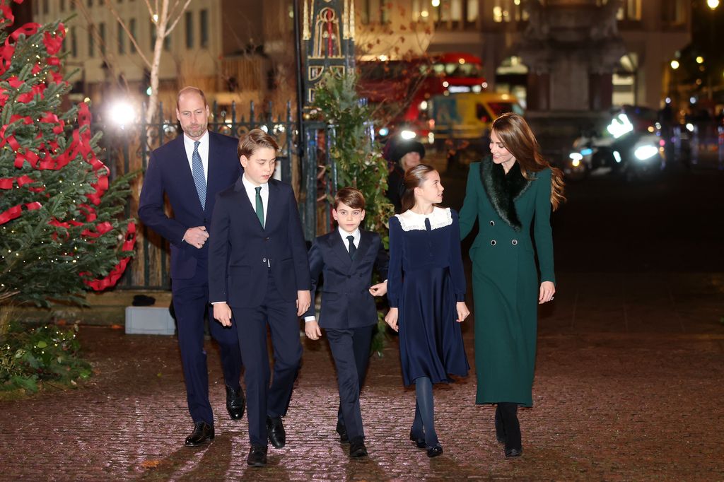 Prince William, Prince George, Prince Louis, Princess Charlotte and the Princess of Wales are seen arriving at the 'Together At Christmas' Carol Service 