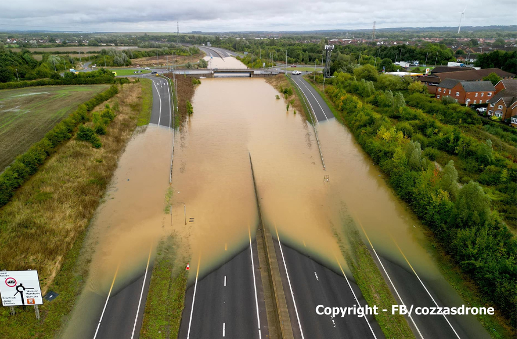 A421 flooded at Marston Moretaine from above on 23 September 2024 Image: Cozzas Drone/Facebook