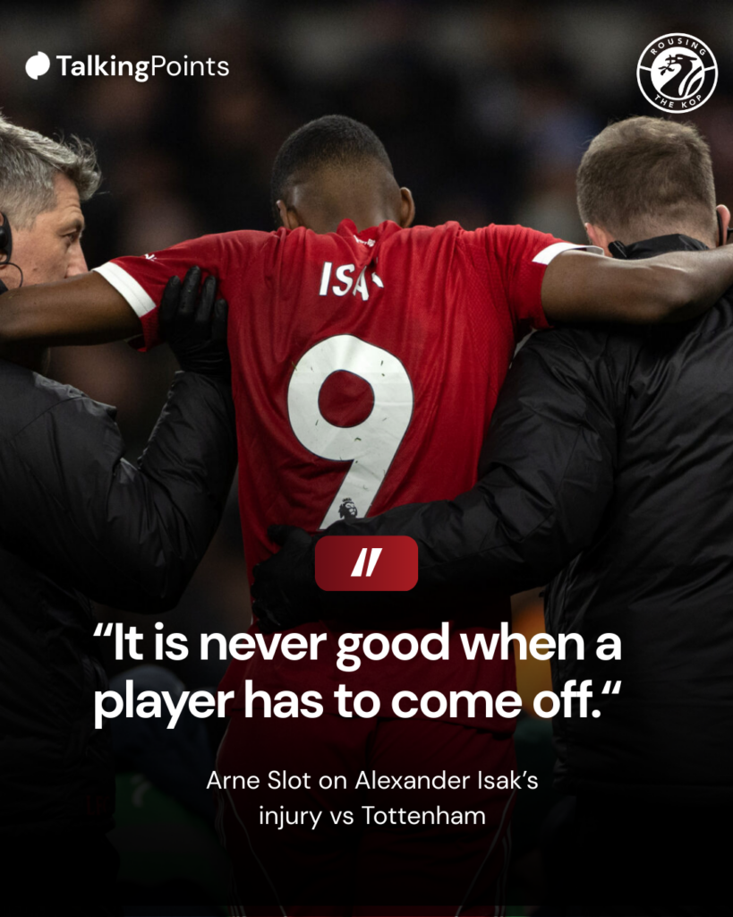 Alexander Isak is helped from the pitch by Liverpool's physios after scoring against Tottenham Hotspur in the Premier League (Credit: Getty Images/Joe Prior/Visionhaus).