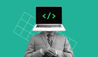 An illustration person with a laptop for a head. On the screen is a representation of programming code, angle brackets and a slash.