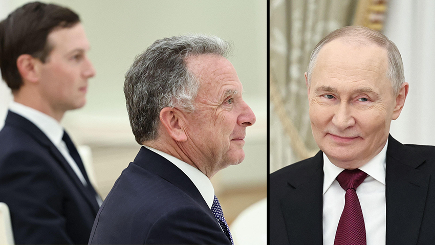 Putin and Trump envoys, at a summit in the Kremlin (Photo: Alexander KAZAKOV / POOL / AFP) נשיא רוסיה פוטין נפגש עם שליחי ניא ארה"ב טראמפ וויטקוף ו קושנר בקרמלין למו"מ על סיום המלחמה ב אוקראינה