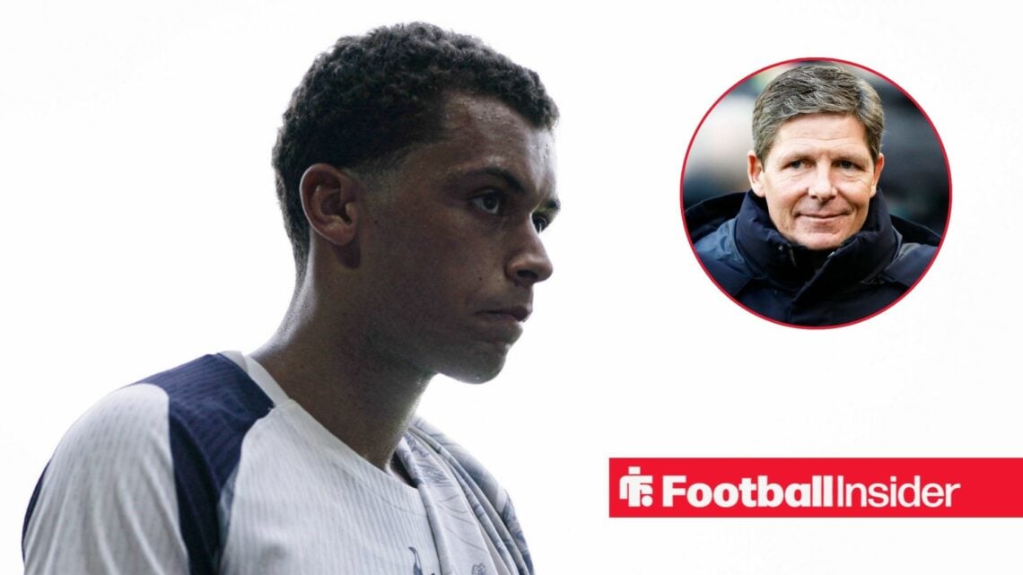 Brennan Johnson in action for Tottenham, with Oliver Glasner in a circular inset