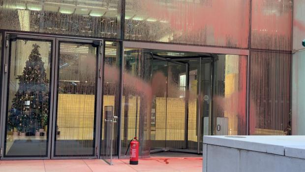 The scene at Aspen Insurance at Plantation Place in the City of London, after two activists sprayed red paint over the front of the building, in support of the Palestine Action protesters on hunger strike