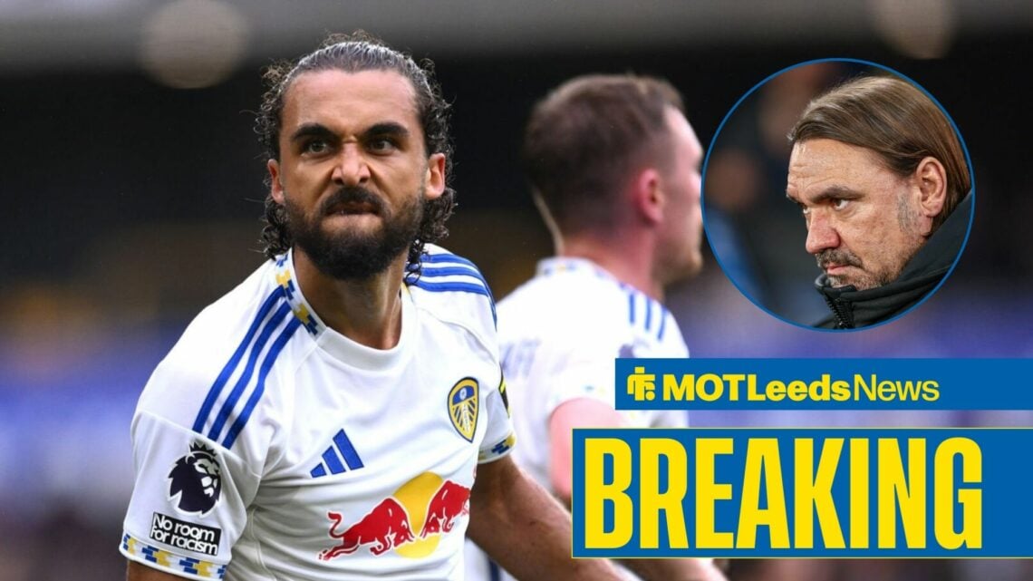 Dominic Calvert-Lewin celebrates for Leeds with Daniel Farke in a round overlay