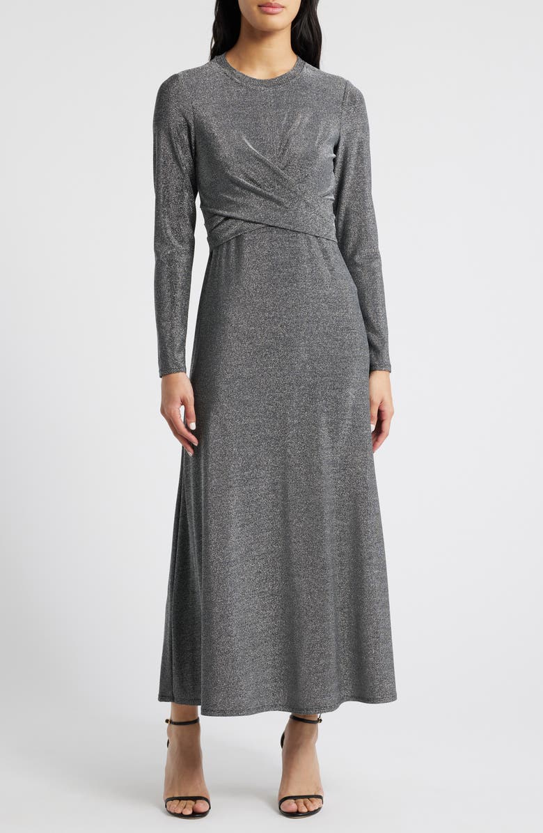 Draped Metallic Long Sleeve Maxi Dress