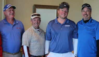 (From left) Ron Beckner, The Kloke Group/United Van Lines; Bob Goeddel, Bobby G’s Disc Jockeys; Jamie Gravett, S.W. Rodgers Company, Inc. and Larry Peterman, The Kloke Group/United Van Lines—winning team on the back 9 of the course.