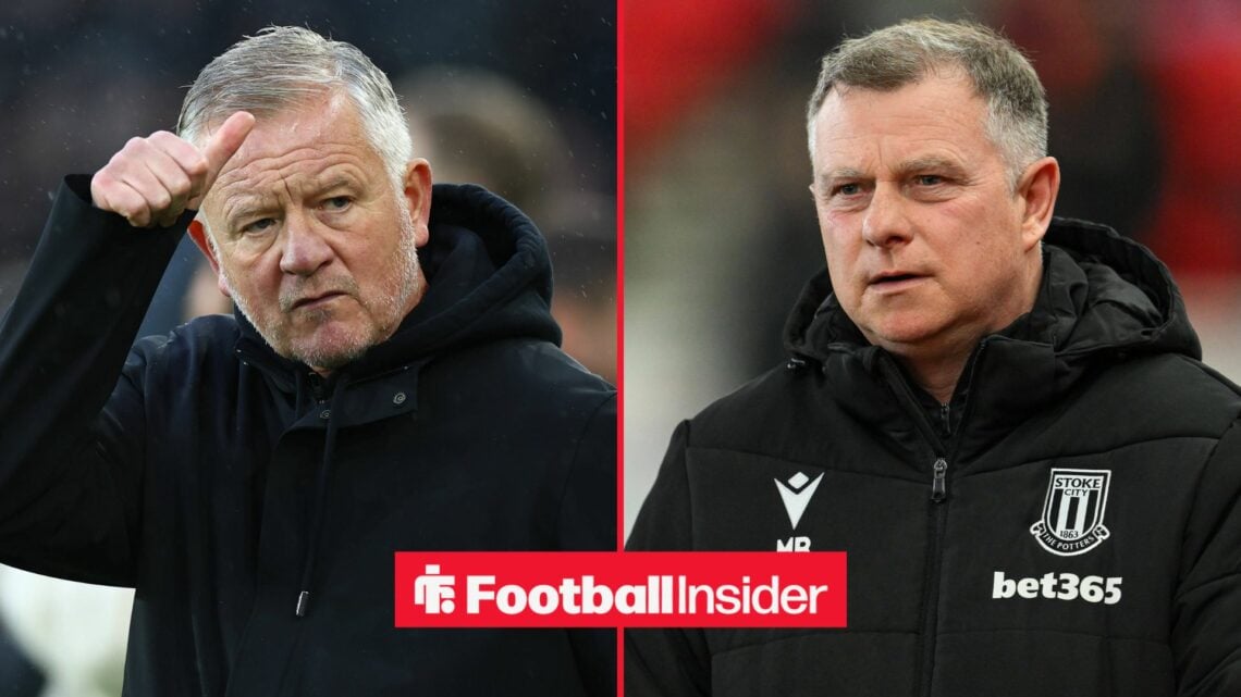 A split image as Sheffield United manager Chris Wilder puts his thumb up in the left half of the image, as Stoke City boss Mark Robins watches from...