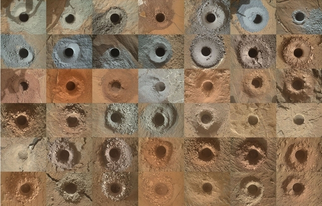 A collage of holes drilled in red and grey rocks