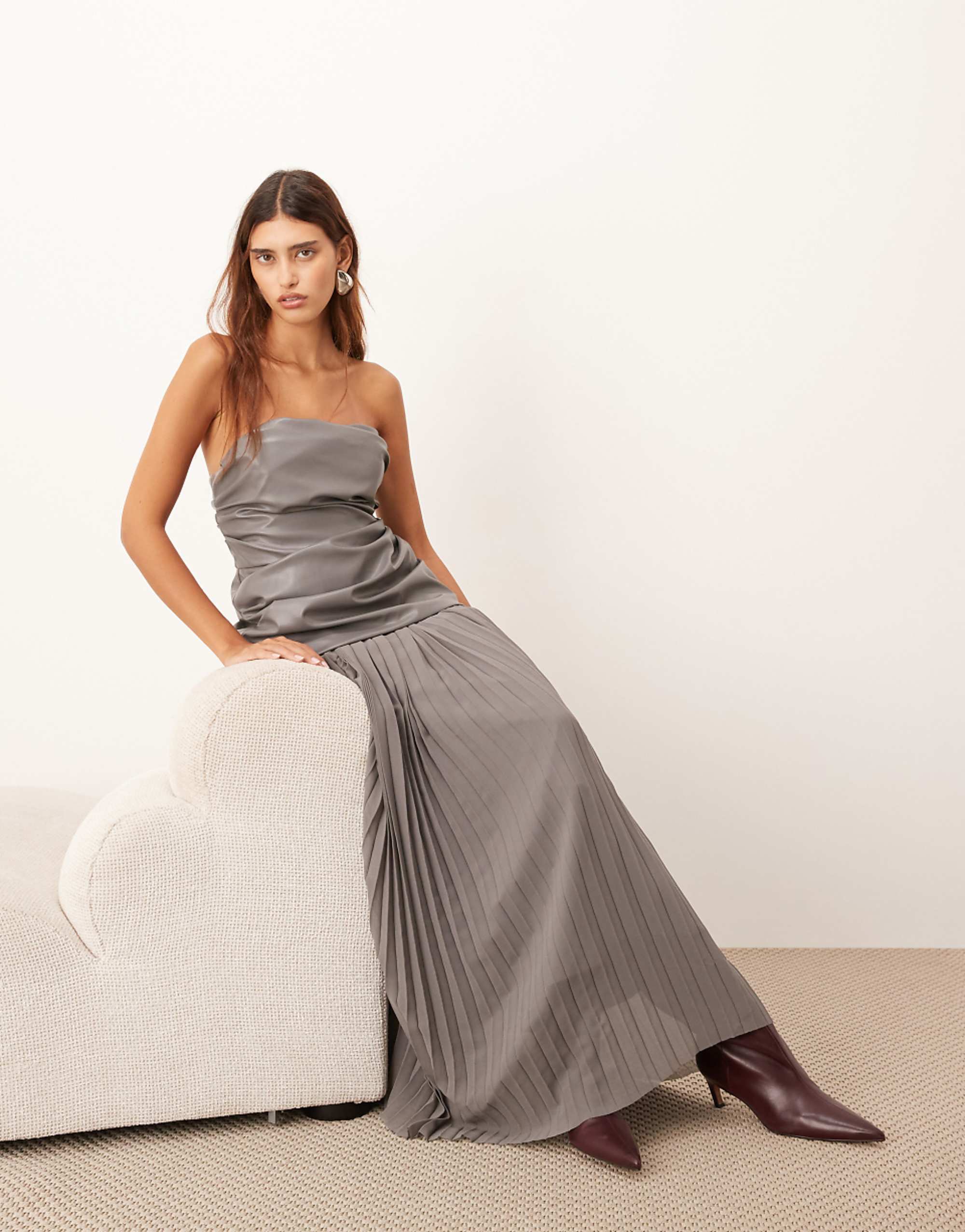 Arrange Pu Bodice Maxi Dress With Pleated Skirt in Dark Gray