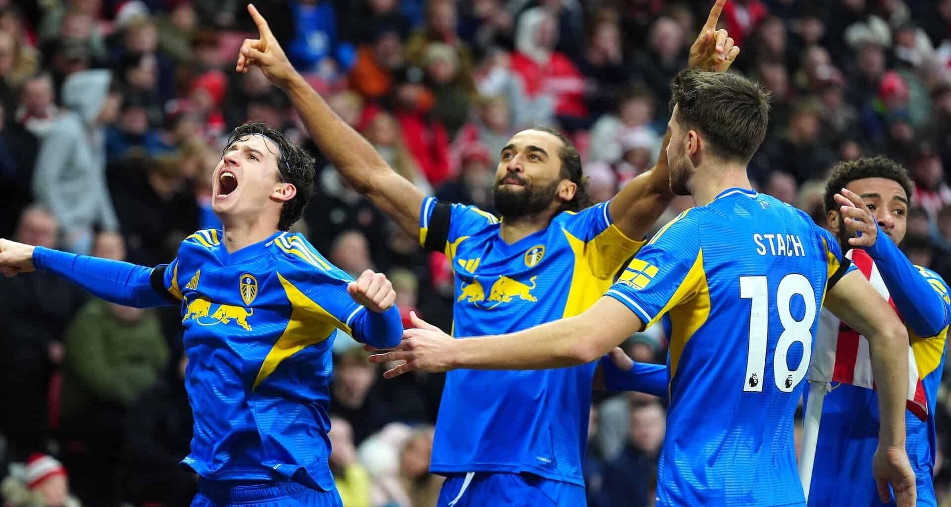 Brenden Aaronson, Dominic Calvert-Lewin, Anton Stach and Jayden Bogle saluting the away end at Sunderland after Leeds' equaliser. Aaronson is well up for it, bless him