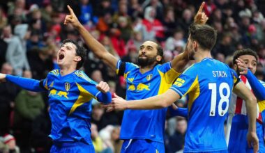 Brenden Aaronson, Dominic Calvert-Lewin, Anton Stach and Jayden Bogle saluting the away end at Sunderland after Leeds' equaliser. Aaronson is well up for it, bless him