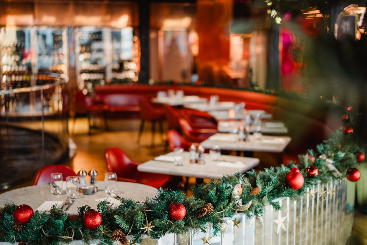 Restaurant decorated for Christmas.